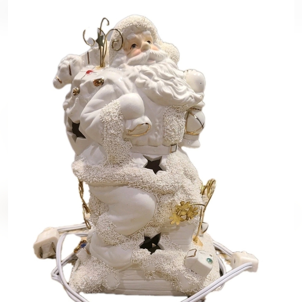 Santa Night Light Lamp With Switch Porcelain White Gold Bag Of Toys Chimney 9"